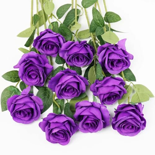 10pcs Purple Silk Roses Artificial Rose Flowers Long Stem for DIY Wedding Bouquet Table Centerpiece Home Décor - color: Purple