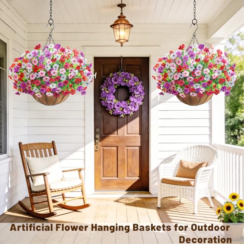 2 Pack Artfiticial Hanging Flowers Baskets for Outdoors, UV Resistant Faux Hanging Plants, 24 Pcs Fake Silk Flowers for Patio Garden Front Porch Balcony Decor (Mix 4 Colors) - color: Mix 4 Colors
