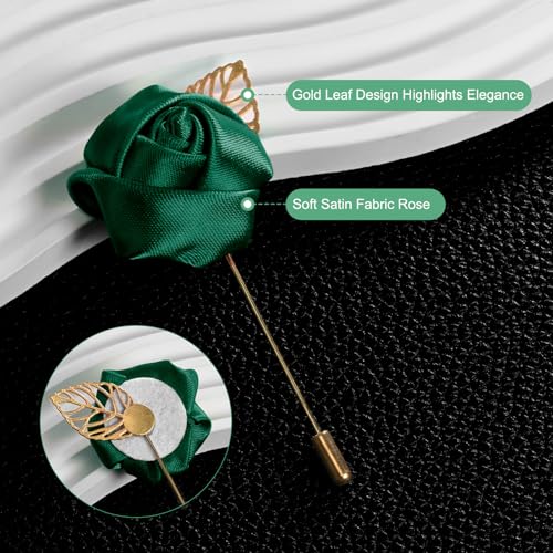 M METERXITY 12-Pack Flower Lapel Pins for Men, Golden Leaf Rose Boutonnieres Pin for Wedding/Dance/Party, Mens Lapel Pins for Suits Satin Flower Corsage Hat Pins [Dark Green] - color: Dark Green