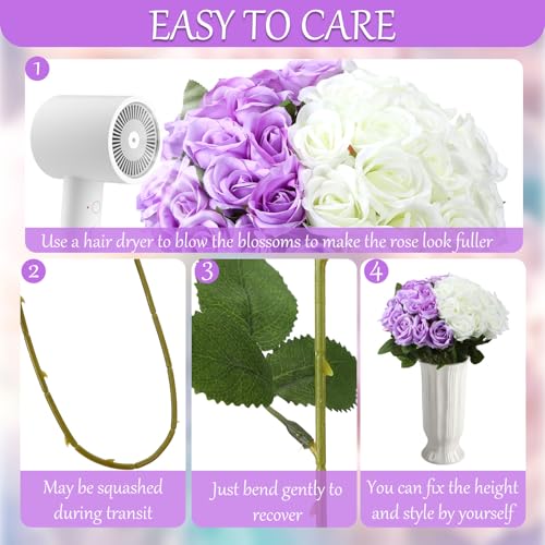 36 Pcs Silk Purple White Rose Bouquet Bridal Artificial Flowers,Fake Rose Long Stem Realistic Flowers Bulk for Wedding Bouquet Ball Arrangement Centerpiece Party Decor - color: Purple, White