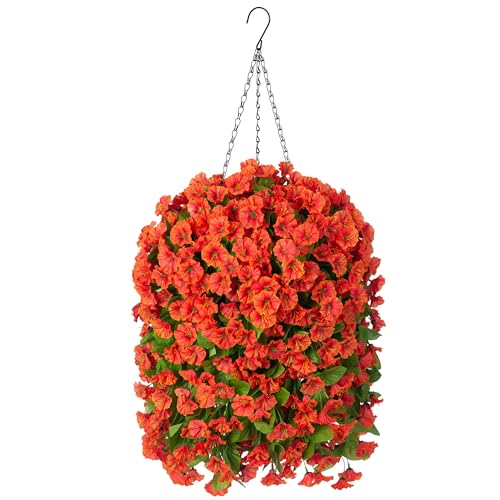 Ammyoo Artificial Faux Hanging Flowers Basket for Fall Outdoor Porch Decor, Fake Silk Colorful Morning Glory Eucalyptus in Planter UV Resistant Look Real for Home Balcony Yard(Orange) - color: Orange