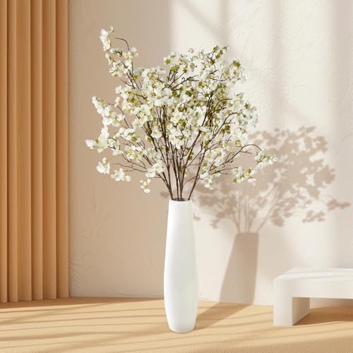 6 Pcs Artificial Cherry Blossom Flower Branches, Realistic Long Stem Silk Cherry Blossom Tree Stems Faux Cherry Flowers Vase Arrangements for Wedding Home Party Garden Decor (White) - color: White