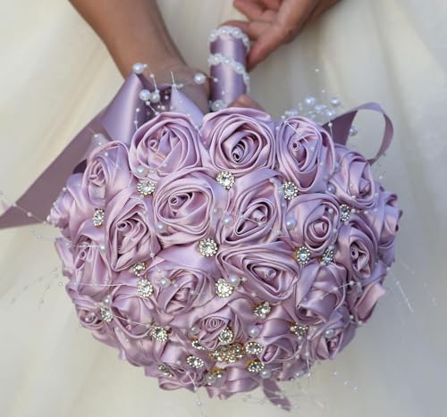 Ujicde Romantic Wedding Bouquet Bridal Bridesmaid Round Bling Brooch Bouquet Throw Toss Artificial Rose Flower Bunch with Sparkle Rhinestone Crystal Decoration(Purple#,Dia. 6.3"*16cm) - color: Purple#, size: Dia. 6.3"*16cm