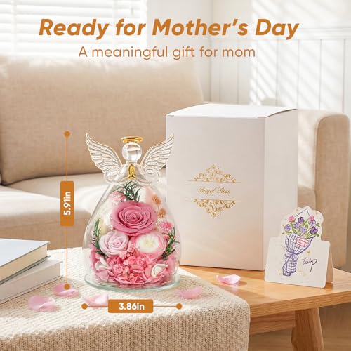Preserved Rose in Glass Angel Figurine, Mothers Day Gifts for Mom/Wife/Grandma, Forever Flowers Rose Anniversary, Graduation or Birthday Gifts for Women Her - color: Pink