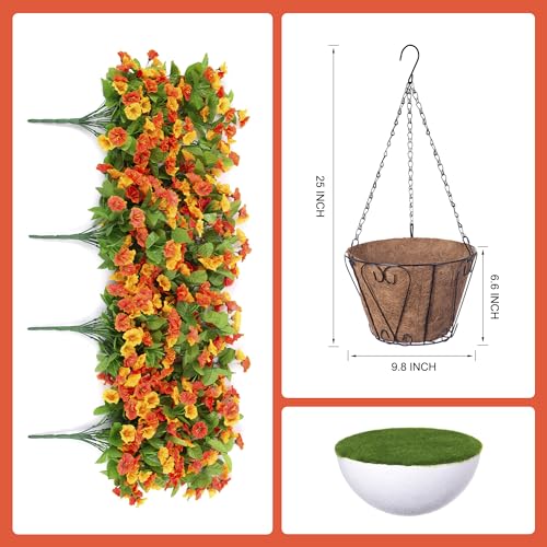 INXUGAO Artificial Flowers with Hanging Basket, Outdoor Faux Plants Silk Morning Glory Vines, Fake Green Arrangement for Garden Patio Spring Summer Decor(4pcs,Orange) - color: Orange