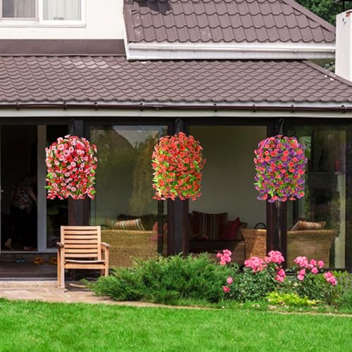 Homsunny Artificial Fake Hanging Flowers Plants Baskets for Outdoor Spring Summer Decorations,Resistant Faux Morning Glory Silk Plants for Outside UV Resistant Patio Yard Home Porch Decor(Red Brown) - color: Red Brown