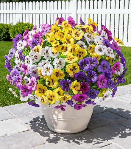 Ivydale 20PCS Artificial Fake Pansy Flowers for Outdoors Spring Sumer Decor, Faux Silk Pansies UV Resistant Plants for Front Door Porch Yard Patio Window Box Home Decor (Fuchsia Purple Yellow White) - color: Purple Yellow White Fuchsia