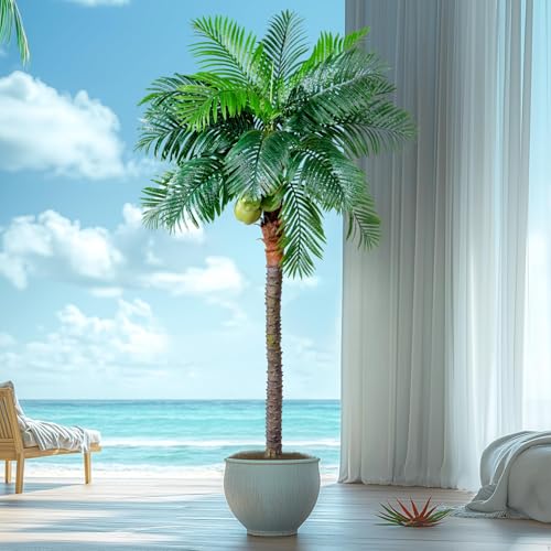 Erimda 30-Year Factory Faux Coconut Tree - 9.1FT Faux Palm Tree Realistic Thick Trunk & Heavy Duty Leaves, Hand-Carved Bark Texture, Indoor Tropical Decor for Living Room/Store, No Shiny Plastic Look - color: Palm Tree, size: 9.1FT