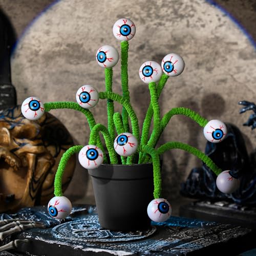 Wavwavw 12 Pcs Halloween Eyeball Picks Halloween Floral Picks 10 Inch Branch Green Decoration Stems Props Decor for Home Office Party Indoor Gifts(Green) - color: Green