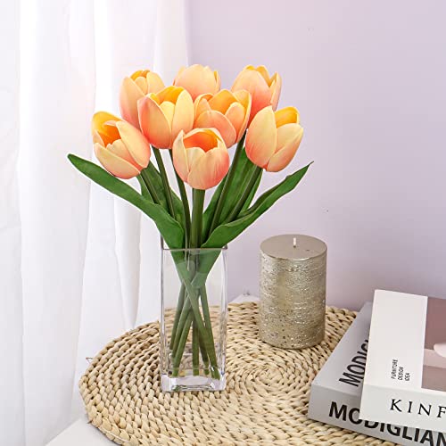 Briful Fake Flowers Artificial Tulip Flower Peach in Clear Vase, Real Touch Foam Tulip Arrangement Suitable for Home Office Decoration, Dining Table Centerpiece - color: Peach