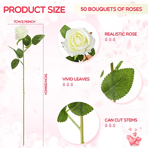 Jexine 50 Pcs Artificial Rose Flower Bulk Realistic Silk Fake Roses with Long Stem Plastic Artificial Flower Bouquet Real Looking for Home Wedding Centerpieces Party Decoration(White) - color: White