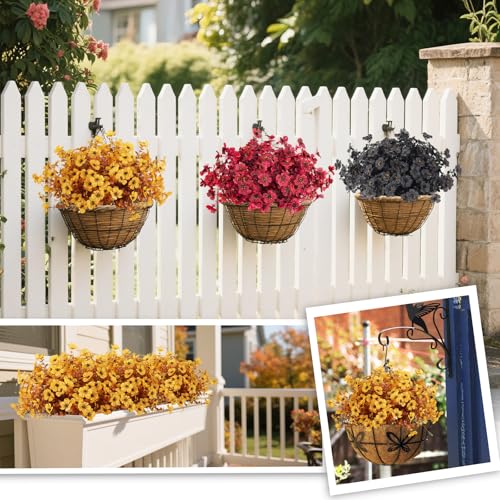 RECUTMS 12 Bundles Faux Mums Fake Fall Flowers Artificial Outdoor Plants | Brown Artificial Flowers UV Resistant Flowers Outdoor Faux Plants Faux Petunia for Porch Home Wedding Thanksgiving Decor - color: Eviolet Brown