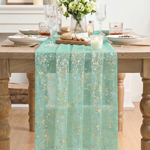 Artoid Mode Turquoise Gauze Silver Table Runner 10FT, Glitter Metallic Foil Sheer Dining Wedding Anniversary Holiday Table Decor for Home Party - color: Turquoise, size: 28" x 120"