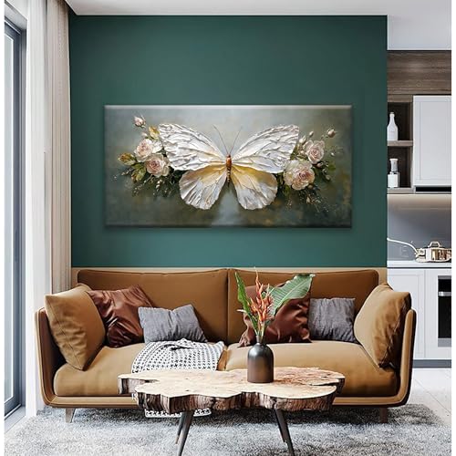 Modern Abstract Wall Art White Simple Butterfly And Rose Wall Art Decor Canvas Art Wall Decor For Bedroom Living Room Kitchen Bathroom Office 24x48 Inch Home Wall Decor - color: White, size: 48"L x 24"W