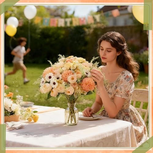 Tigeen 6 Bundles Artificial Bouquet Flowers Artificial Peonies Faux Roses Hydrangea Flowers Bouquet for Wedding Table Centerpiece Floral Vase Decor (Champagne) - color: Champagne