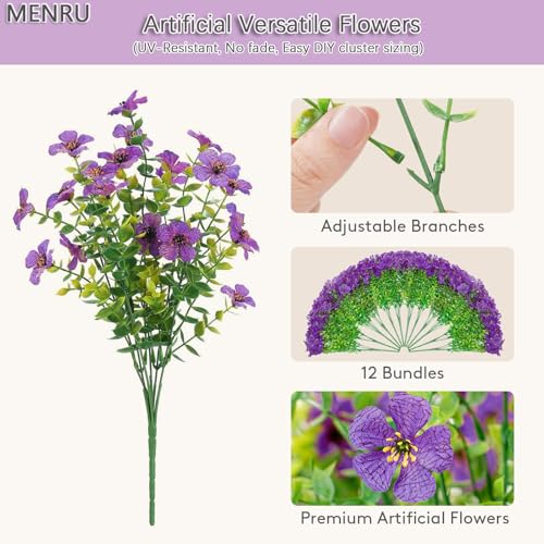 12 Bundles Artificial Flowers for Outdoor UV Resistant and Realistic, Faux Daisy Fake Flowers with Eucalyptus Leaves for Porch, Patio, Planter, Window Box, Home, Garden Decor - color: Purple