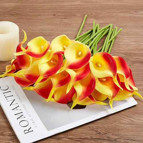 Artificial Calla Lily 12Pcs Orange Real Touch Faux Flowers for Wedding Bouquet, Bride Bridal Shower, Spring Home Kitchen Table Decor, Fake Lilies for Centerpieces, Party Decorations - color: Red Yellow