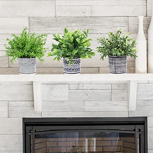 Winlyn Set of 3 Small Potted Plants Artificial Eucalyptus Rosemary Boxwood Plants in Black and White Geometric Pots for Table Centerpiece Kitchen Counter Windowsill Indoor Outdoor Garden Greens Decor