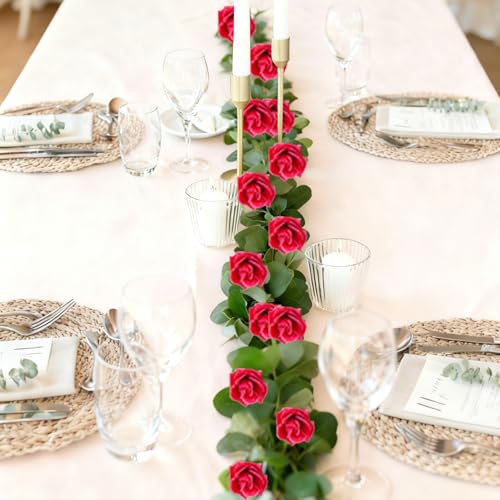 4Pcs Artificial Rose Vines Fake Flowers Garland with Green Leaves Faux Hanging Floral Plants for Home Bedroom Room Decor Aesthetic,Christmas Wedding Birthday Party Decoration (Magenta) - color: Magenta, size: 4Pcs-large rose