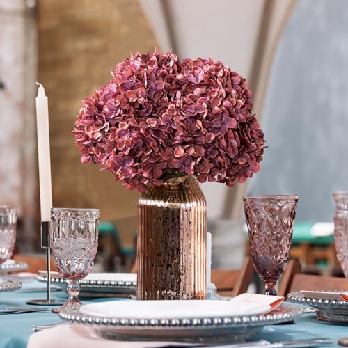 Artificial Flower Fake Silk Hydrangea Heads Bouquet with Stems Bulk for Fall Decoration Table Center Christmas Indoor Outdoor Faux Floral Realistic with Leaves Plants Crafts 8PCS(Rose red) - color: Rose Red
