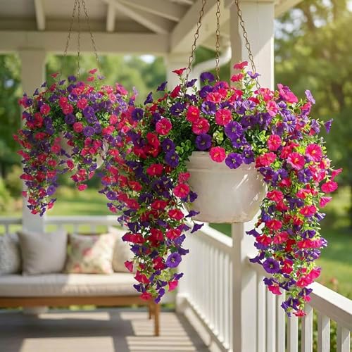 4 Bundles Artificial Silk Flowers for Outdoor Decor, UV Resistant Realistic Faux Morni ng Glory Flowers for Hanging Planters, Window Box, Porch, Patio, Yard, Garden Decor(Purple Pink) - color: Purple Pink