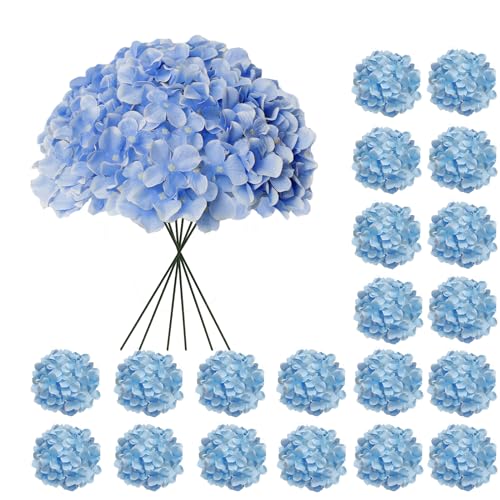 20 Pcs Blue Hydrangea Artificial Flowers Bulk, Faux Hydrangea Flowers Heads, Artificial Fake Silk Hydrangea Flowers with Stems, Blue Flowers Artificial for Decoration Wedding Décor - color: Light Blue, size: 20 Pcs