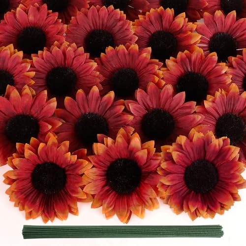 Coferset 40pcs Fake Sunflower Heads with Stems, 4" Fall Sunflower Artificial Silk Flower Heads for Party Baby Shower Wedding Making Handicrafts Home Fall Decor(Red Orange) - color: Red Orange-40pcs