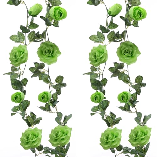 Felice Arts 2 Pack Light Green Flower Garland 6.5FT Artificial Rose Vine | Fake Floral Garland Hanging Spring Garland for Wedding St.Patrick's Day Swing Table Home Party Decor - color: Light Green