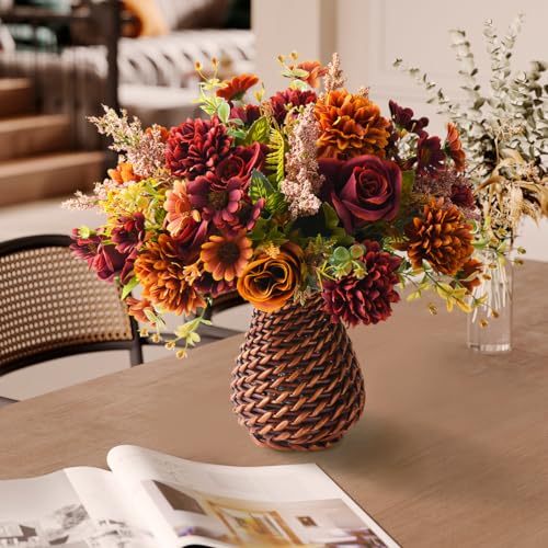Artificial Faux Flowers in Vase, Fake Silk Floral Arrangements Rose Bouquets with Handmade Rattan Vase, Farmhouse Table Decorations Centerpieces for Dinning Room Kitchen Office Desktop (Brown) - color: Brown