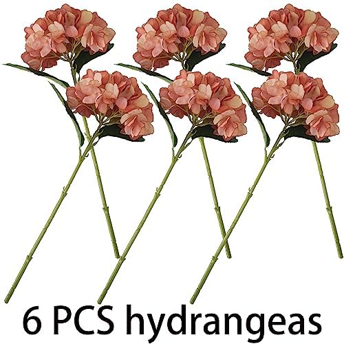 Coral Hydrangea Artificial Flowers,6 Pcs Faux Hydrangea Flowers,Artificial Hydrangeas Flowers with Stems,Fake Hydrangeas, Silk Flowers Color with Stems for Home Decor (6, Coral) - color: Coral
