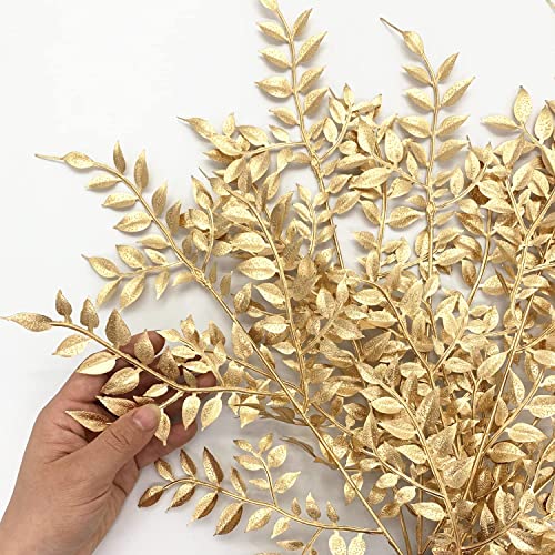 Gold Leaves Decorations for Christmas Artificial Golden Plants Fake Leaf - 17 Inch 5 Pack, Faux Foliage Simulation Flowers Grass Xmas Decor Plant Bushes Indoor Outdoor Wedding Table Centerpiece DIY - color: Gold Foliage - 5 Pcs
