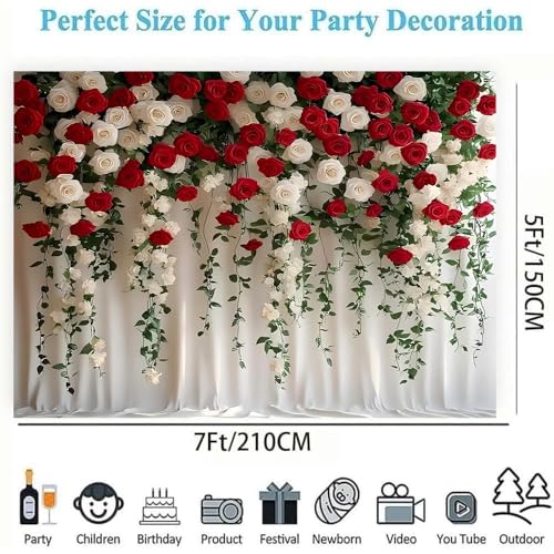 White and Red Rose Floral Theme Backdrops Rose Flowers Vine Leaves Photography Background Bridal Shower Wedding Reception Ceremony Portrait Photo Background (B, 8 * 6feet) - color: B, size: 8*6feet