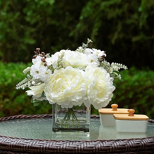 ENOVA FLORAL Artificial Flower Arrangement with Vase,Mixed Artificial Silk Peony Flower in Vase for Decoration Home Office, Wedding Centerpiece (Cream) - color: Cream