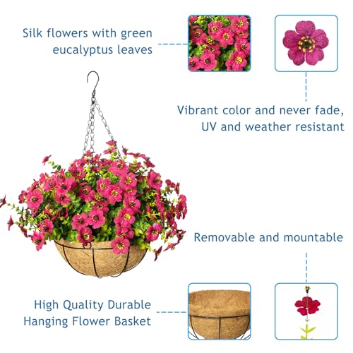 Artificial Hanging Flowers for Outdoors with Basket,UV Resistant Realistic Faux Hanging Plants Outdoor Artificial Flowers for Outdoors Basket for Yard Porch Patio Home Decor,12 Bundles(Rose Red) - color: Rose Red