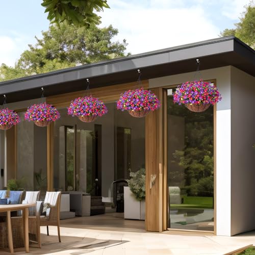Artificial Hanging Flowers with Basket for Outdoor Spring Summer Decoration, Fake Daisy Flower Arrangement,Faux Plants in 12 inch Coconut Lining Basket for Outside Garden Porch Deck(Plum Purple) - color: Plum Purple