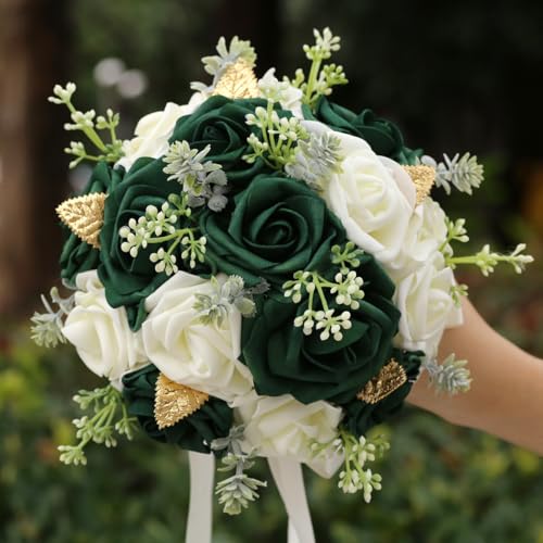 Round Green Artificial PE Rose Bouquet with Pearls for Bridal Toss and Bridesmaids Suit for Wedding Party - color: Green Leaves