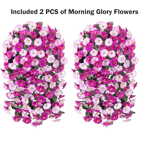 Fake Flowers for Outdoor Decorations, 2 PCS Artificial Silk Morning Glory Trailing Vines Look Real UV Resistant for Porch Planter Patio Decor (Light Fuchsia and Fuchsia) - color: Light Fuchsia and Fuchsia