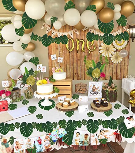 RECUTMS Artificial Tropical Palm Leaves 72Pcs 7 Kinds Green Gold Fake Monstera Leaf with Stem for Safari Jungle Hawaiian Luau Beach Baby Shower Wedding Birthday Party Table Summer Spring Decoration - color: Green & Gold