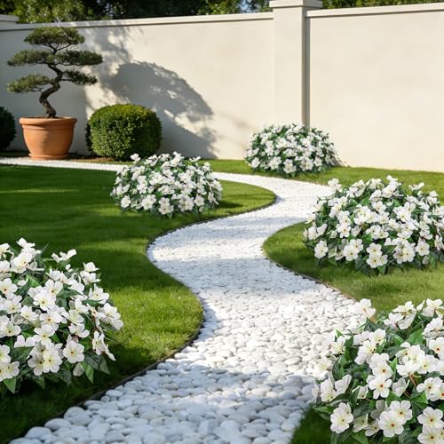 6 Pcs Artificial Flowers for Outdoors Fake Silk Periwinkle Flowers Faux Plants UV Resistant Bouquet Decorations for Planters Spring Summer Garden Porch Patio Window Box Balcony Home, White - color: White