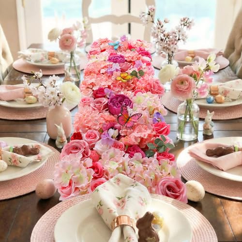 Breling 40 x 14 Inch Artificial Flower Floral Tea Party Table Runner Spring Pink Floral Wonderland Party Decoration Pink Flower Table Centerpiece Afternoon Tea Decor for Spring Bridal Wedding Birthday