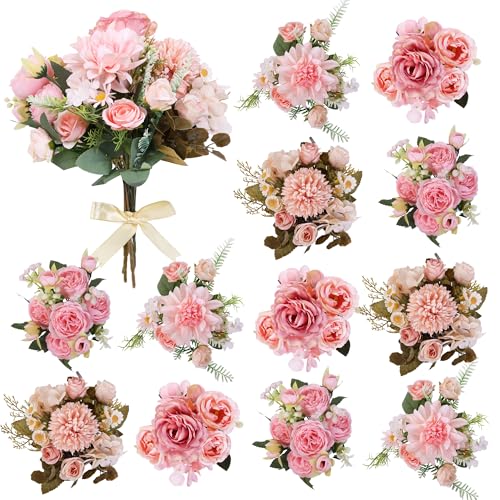 Bulk 12 Bundles Artificial Peonies Flowers, Silk Roses, Faux Dahlias & Chamomile in Hydrangea Bouquet for Vase Filler, Wedding Centerpiece, Home Party Decor