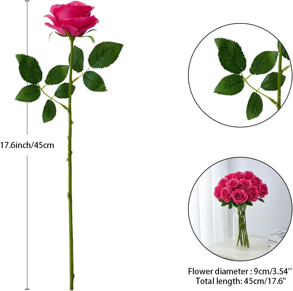 60 PCS Fake Hot Pink Roses Artificial Flowers Bulk Realistic Silk Faux Rose with Stems for Wedding Decoration Anniversary Bridal Bouquet DIY Floral Arrangement Romantic Home Decor Gifts - color: Hot Pink