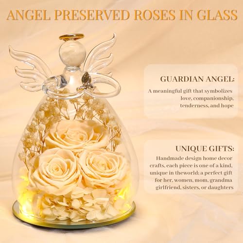 Beferr Gifts for Mom Birthday Gifts for Women, Fresh Flowers for Delivery Forever Preserved Rose in Glass Angel Figurine, Anniversary Christian Real Rose for Grandma Wife Mother from Daughter Son - color: D Champagne