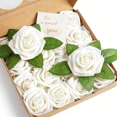 16 Pcs Fake Roses White Artificial Flowers | Foam Roses with Stems, White Foam Flowers for DIY Wedding Bouquets, Centerpieces, Party, Home Decor - color: Milky White