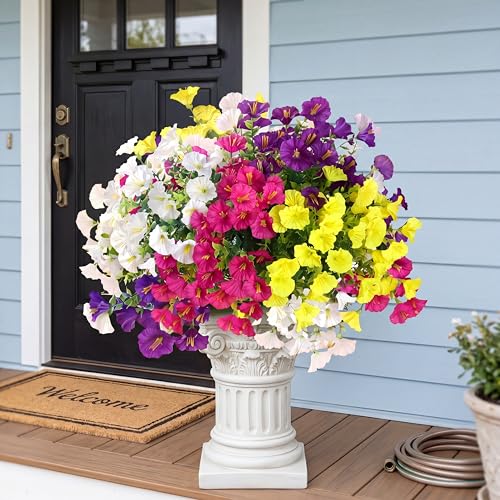 Artificial Flowers for Outdoors 12 Bundles Realistic Faux Plants UV Resistant Fake Silk Morning Glory with Eucalyptus for Front Door Planter Patio Porch Spring Summer Decoration (4 Mixed Color) - color: Mixed 4 Color