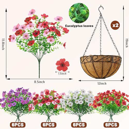 2 Pack Artfiticial Hanging Flowers Baskets for Outdoors, UV Resistant Faux Hanging Plants, 24 Pcs Fake Silk Flowers for Patio Garden Front Porch Balcony Decor (Mix 4 Colors) - color: Mix 4 Colors