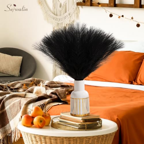 Serwalin 60Pcs Black Pampas Grass Decor, 17.7'' Faux Pampas Grass, Fluffy Short Artificial Pompous Grass for Gothic Room Decoration, Wedding, Party, Halloween and Home Decor - color: F Black