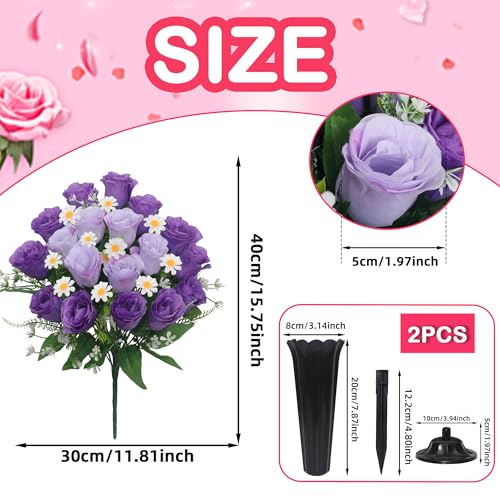 Wocst Artificial Cemetery Flowers for Grave Memorial Day Flowers for Cemetery,2Pack Artificial Silk Roses Daisy Bouquets with Cemetery Vases for Outdoor Grave Decorations ﻿ (Purple) - color: Purple