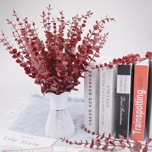 FEQO 36 Pcs Dark Red Eucalyptus Stems Artificial Leaves Faux Eucalyptus Stems Branches 15 inch for Wedding Bouquet Home Decor - color: Dark Red, size: 36 pcs