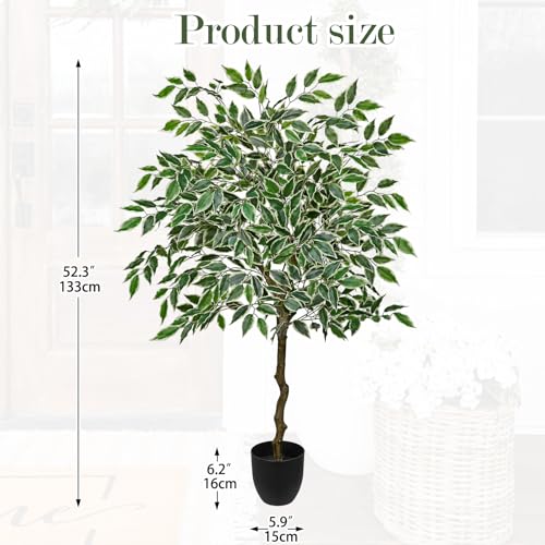 4Ft Ficus Tree Artificial Plants Indoor with Realistic Trunk, Tall Fake Potted Tree Faux Floor Plant, Artificial Tree in Pot for Home Living Room Office Bedroom Corner Decor(Green White) - color: Green White, size: 4Ft